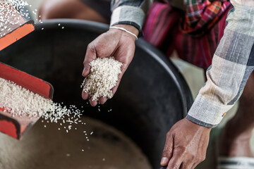 A farmer shows rice being milled using a rice mill on his hand. © Charnchai saeheng