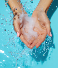 Fototapeta premium Woman washing hands with soap and water in bathroom sink