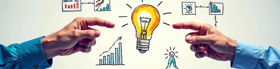 Hands holding brainstorm sketches with light bulb and money icons, entrepreneurship, collaboration, business