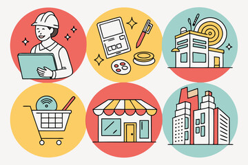 58 Flat design icons, circular illustrations, business concepts, photography, online shopping, real estate, cooking, store front, office workspace, colorful backgrounds, minimalist graphics, vector ar