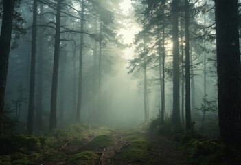 Fototapeta premium Foggy Forest Landscape with Trees and Moss