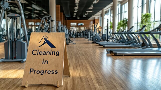 Gym cleaning process, worker sanitizing exercise equipment, "Cleaning in Progress" sign ensures hygiene maintenance