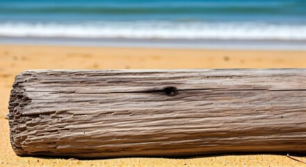 Fototapeta premium A weathered driftwood plank on a tropical beach with soft waves in the distance, Ai Generated