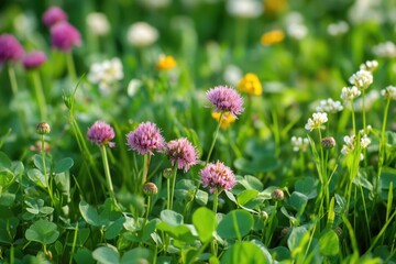 Fototapeta premium Wild Flourishing Garden Scene Featuring Crab Grass and Clover, with Asteraceae Flowers and Blowballs in a Lush Greenery Background