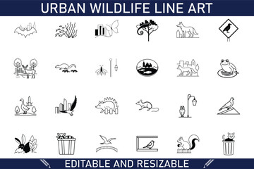 Editable Urban Wildlife Line Art Icons Animals, City, Nature