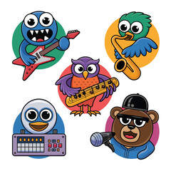 Obraz premium 2d vector illustration icon cool entertainment cartoon character music tools (Drum , Music Note , Headphones ,Microphone , Piano , Guitar ,Record) 
