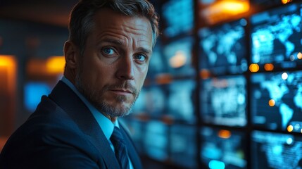 A logistics manager monitors real time data on multiple screens in a distribution hub. The environment shows a focus on inventory and fulfillment processes at night.