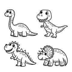 Cute Dinosaur Vector Set, Black and White Cartoon Dinosaurs, Adorable Prehistoric Animal Illustrations