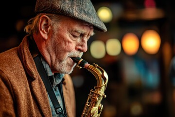 Jazz Musiker mit Hut spielt Saxophon im Pub â€“ Nahaufnahme eines leidenschaftlichen Auftritts