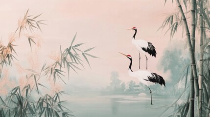Cranes in tranquil bamboo forest nature artwork serene environment eastern cultural theme