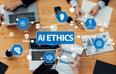 A group of professionals discussing AI ethics, focusing on legal and privacy considerations in...