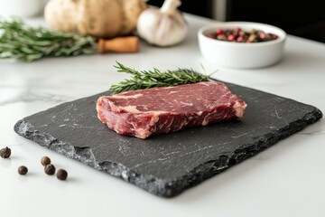 Fototapeta premium Sizzling preparation of a prime cut of beef on a rustic slate board with aromatic herbs in a modern kitchen setting
