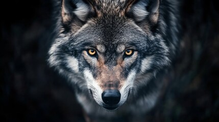 Fototapeta premium Wolf staring intently forest environment wildlife photography dramatic close-up captivating nature encounter