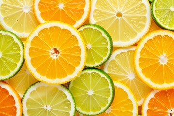 colorful pattern of citrus slices including orange, lemon, and lime, creating a vibrant and fresh aesthetic, perfect for food photography, kitchen decor, or beverage branding projects