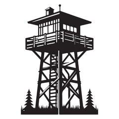 Detailed Fire Lookout Tower Silhouette Vector Art for Wildfire Prevention