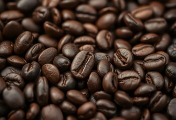 Close-up of dark roasted coffee beans, rich texture, espresso,  delicious
