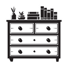 Vintage wooden chest of drawers with plants and books illustration