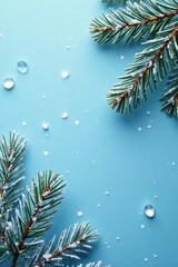 Frosted pine branches against light blue glittery surface, winter wonderland, peaceful