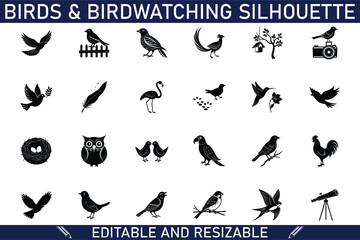 Birdwatching Silhouettes Icons, Birds, Nature, Wildlife, Photography