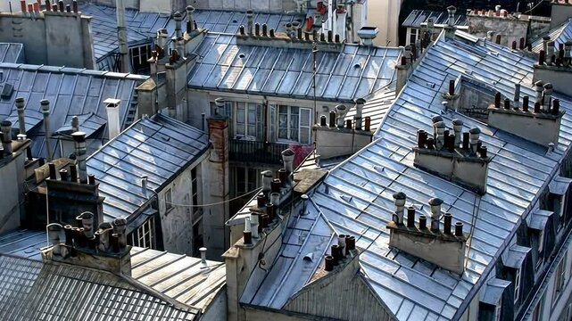 flying over iconic Parisian rooftops with zinc coverings, old chimneys, and charming garrets