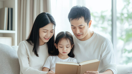 Obraz premium happy asian family reading book together with child at home, candid cozy moments, bonding and connection. education and learning. parents and son looking at photo album in living room on couch