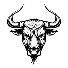 Fierce bull head silhouette in black and white tribal style. Powerful and bold vector design.