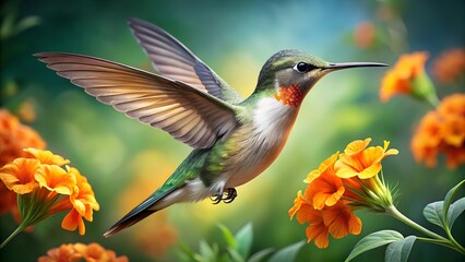 Fototapeta premium Hummingbird in Flight with Orange Flowers – Vibrant Nature Scene