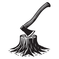 Powerful Ax Stuck in Tree Stump Vector Illustration Design