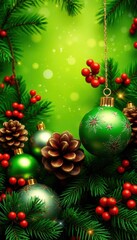 Fototapeta premium Elegant green Christmas wallpaper with shimmering ornaments, pine cones, and berries, christmas background, winter, background