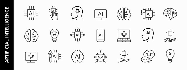 Artificial intelligence line icons set. Collection of vector AI technology icon for web and mobile app. Machine learning, digital AI technology, algorithm, smart robotic, brain, chip etc