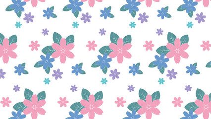 Bright colorful floral pattern with green leaves, simple and cute feel. Seamless pattern for girls and women's outfits, fashion fabric, vector illustration.