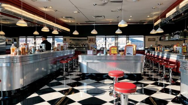Retro diner with checkered floor and red stools, captured from a wide-angle view, reminiscent of a classic 1950s video setting.