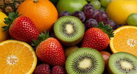 Vibrant Assortment of Fresh Fruits Strawberries Kiwis Oranges Grapes