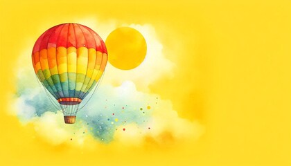Obraz premium Colorful hot air balloon soaring against a vibrant yellow background, evoking a sense of adventure and freedom in a whimsical illustration style