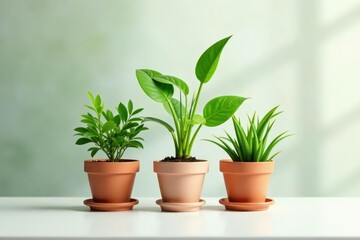 Fototapeta premium Long stems of potted plants on a white surface, leaf, potted
