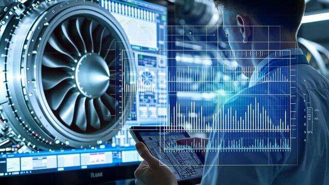 A technician studies jet engine performance metrics on a tablet while observing detailed visual data on a large screen in a high-tech aviation environment.