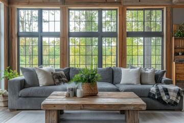 Fototapeta premium a stylish living room with a large, comfortable sectional sofa, a wooden coffee table, and expansive windows offering a view of the outside. The room is bathed in natural light.