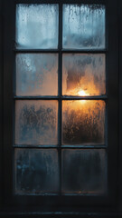 Vintage glass panes with ice crystals and golden evening light for nostalgic, dramatic screen backgrounds.

