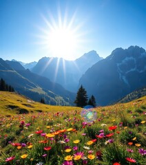 Sun-drenched Alpine meadow ablaze with wildflowers, snow-capped peaks in background, vegetation, sky, France