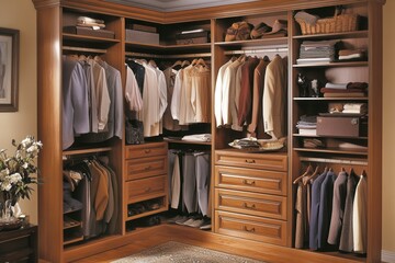 Organized Wooden Closet with Various Shirts and Pants Displayed Neatly