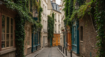 Fototapeta premium Charming Parisian Alleyway with Ivy Covered Buildings Cobblestone Street and Quaint Shops