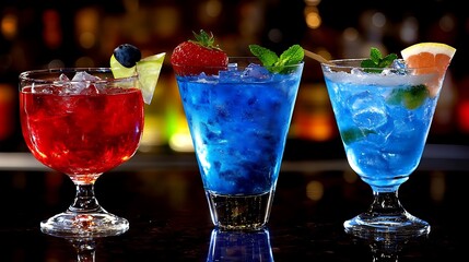 Three colorful cocktails with fruit garnishes on bar.