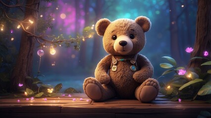 A plush teddy bear with a brown body, dark nose