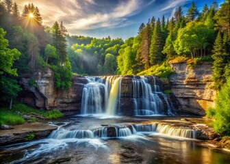 Fototapeta premium Majestic Rock River Falls, Michigan: Cascading Water and Rugged Cliffs Landscape Photography