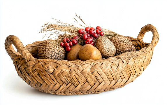 Woven Flax Basket Kete Filled with Traditional Fruits Isolated on White Background.