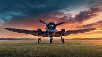 Vintage airplane parked on grassy runway with a dramatic sunset backdrop