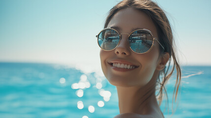 Fototapeta premium Smiling woman wearing sunglasses enjoying summer beach vacation, ocean waves, blue sky, holiday vibes, sun-kissed skin, travel lifestyle, tropical paradise, carefree and relaxed mood