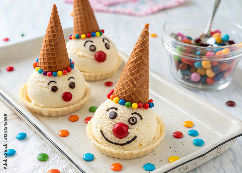 Poster a tray with three clown-shaped ice cream cones decorated with a face made of sprinkles. there is als