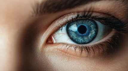 Biometric security and iris privacy, A close-up of a striking blue eye, showcasing intricate details in the iris and eyelashes, reflecting a sense of depth and emotion.