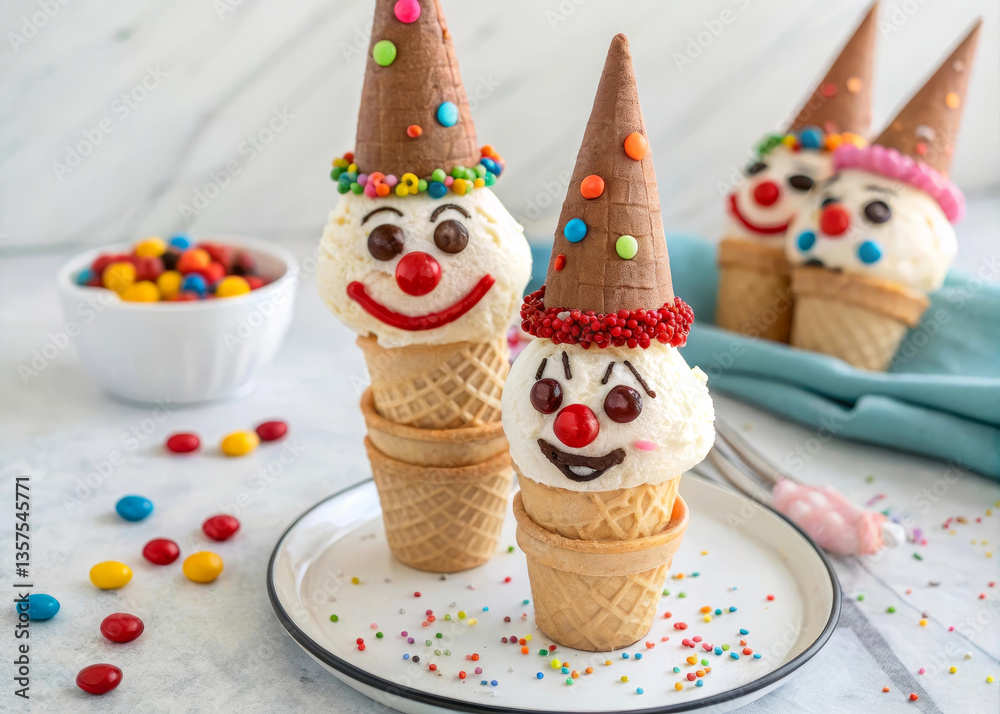 Poster  clown ice cream cones with colorful toppings and decorative faces on a plate. There are three cones visible, each decorated with a clown face and sprinkles.